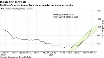 Preço Do Potássio Tem Tendência De Alta Desde Agosto Do Ano Passado, Segundo A Bloomberg (Fonte Bloomberg)