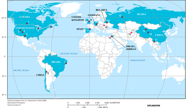 O Cloreto De Potássio É Obtido Principalmente Através Da Atividade De Mineração, Extraído De Minerais Como A Silvita E A Carnalita. O Mapa Mostra O Panorama Mundial Dos Maiores Produtores De Potássio (Em Azul) E As Principais Minas (Marcadores). (Fonte: Orris, G.j. Et Al – 2014)