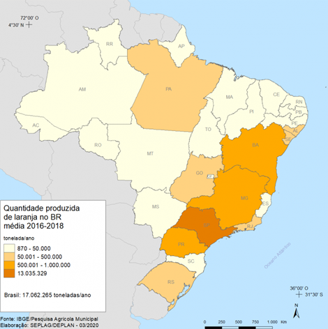 Produção Média De Laranja Por Estados Entre Os Anos De 2016-2018. 