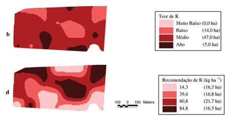 Mapa Dos Teores De Potássio No Solo (B) De Recomendação (D) No Experimento. (Fonte: Molin. Et Al, 2006)